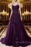 A Line Spaghetti Straps Lace Dark Purple Prom Dresses Long With Appliques Pretty Dresses