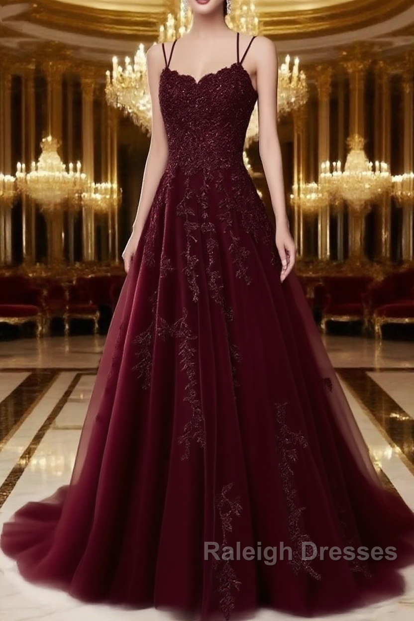 A Line Spaghetti Straps Lace Dark Red Prom Dresses Long With Appliques Pretty Dresses Main image