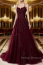 A-Line Spaghetti Straps Lace Dark Red Prom Dress Long With Appliques Pretty Dress
