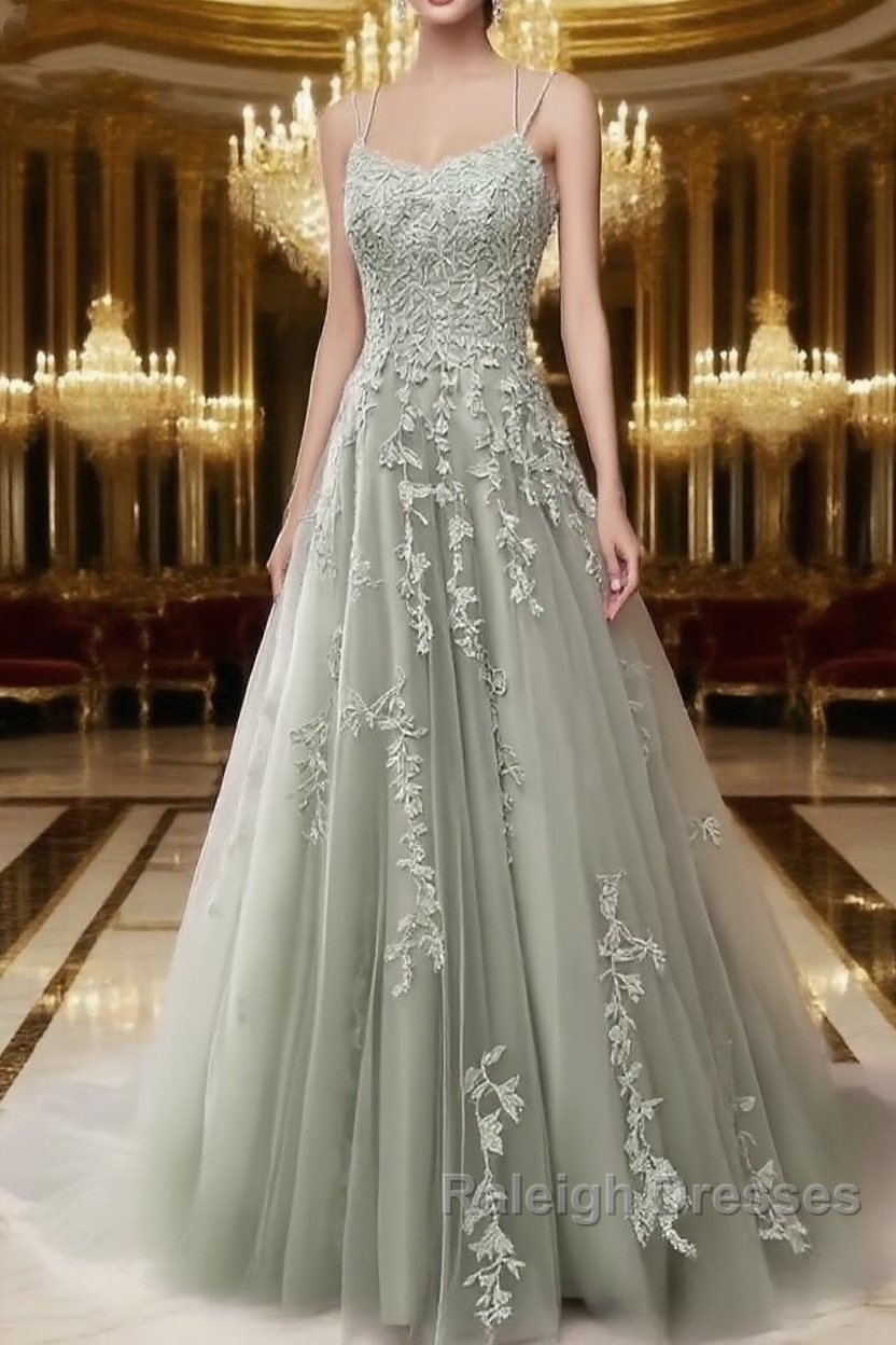 A-Line Spaghetti Straps Lace Dusty Sage Prom Dress Long With Appliques Pretty Dress