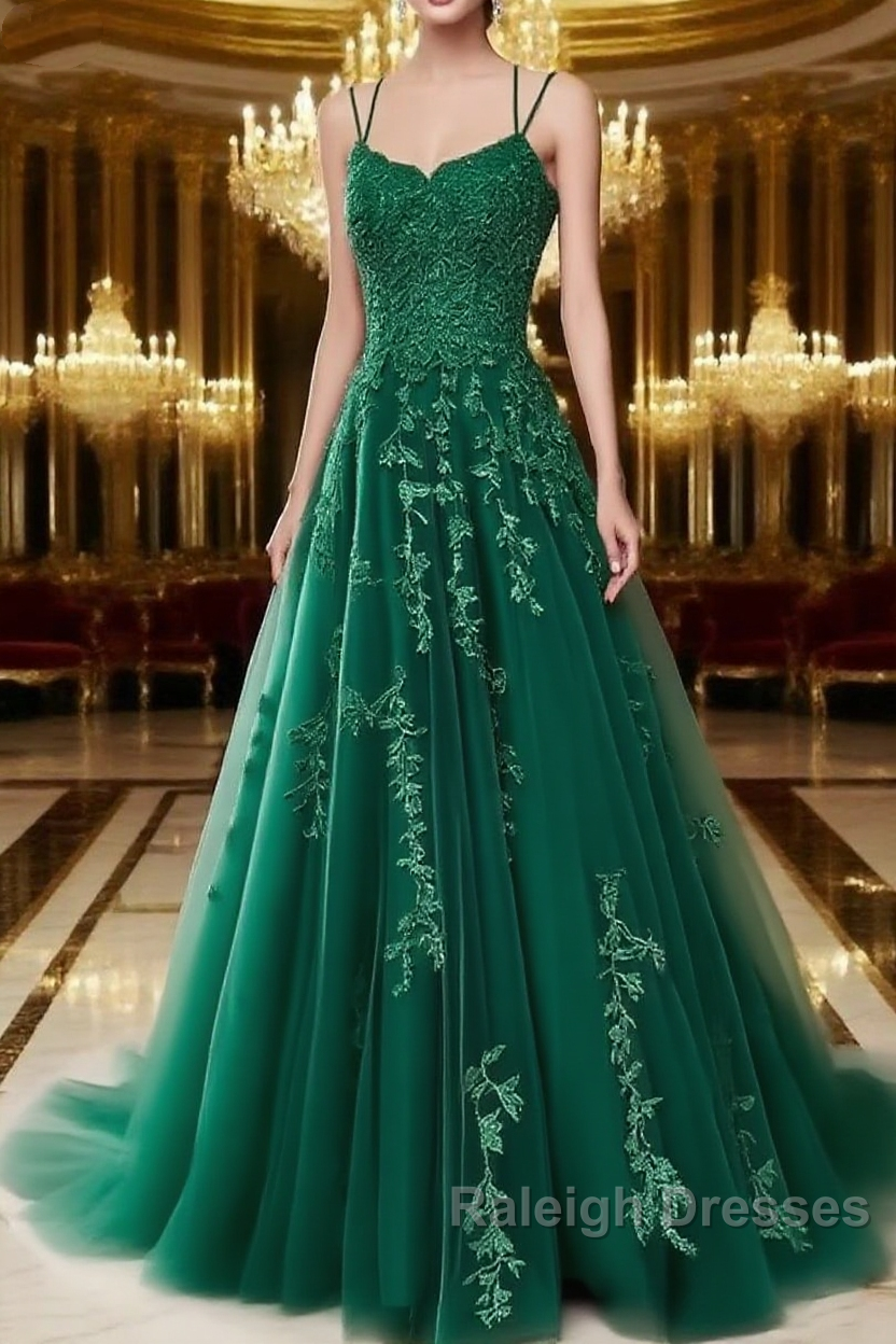 A Line Spaghetti Straps Lace Emerald Green Prom Dresses Long With Appliques Pretty Dresses