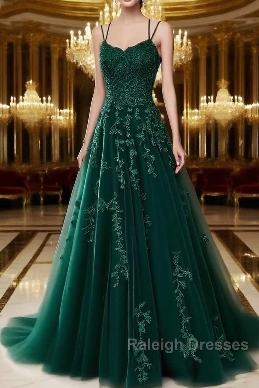 A Line Spaghetti Straps Lace Forest Green Prom Dresses Long With Appliques Pretty Dresses