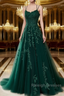 A Line Spaghetti Straps Lace Forest Green Prom Dresses Long With Appliques Pretty Dresses