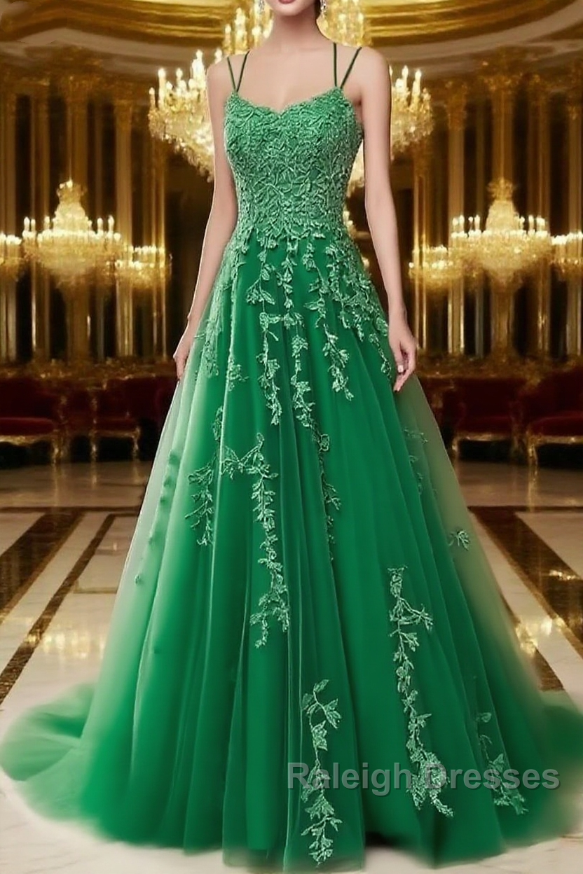 A Line Spaghetti Straps Lace Green Prom Dresses Long With Appliques Pretty Dresses Main image