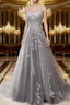 A Line Spaghetti Straps Lace Grey Prom Dresses Long With Appliques Pretty Dresses