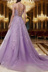 A-Line Spaghetti Straps Lace Lavender Prom Dresses Long With Appliques Pretty Dresses