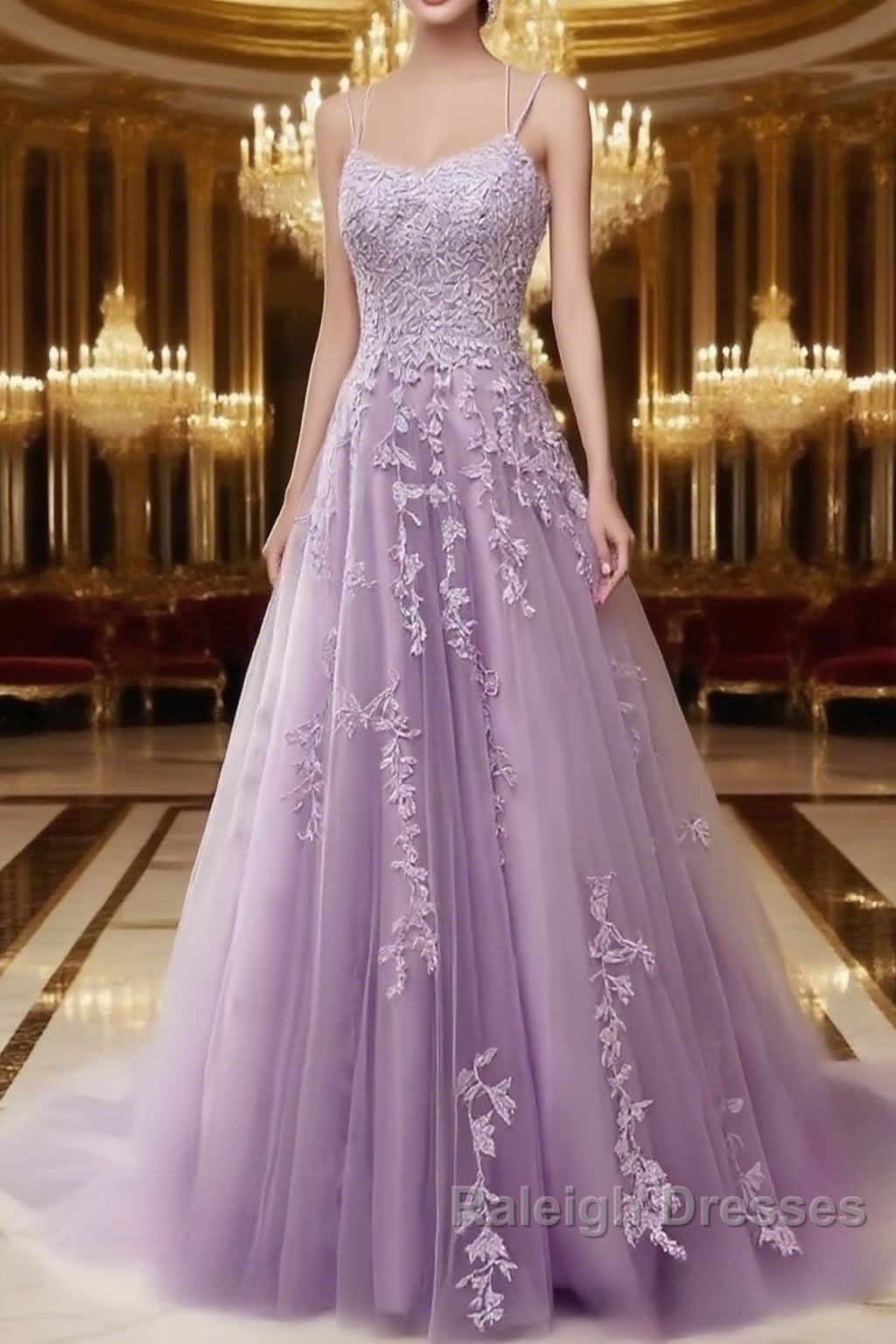 A-Line Spaghetti Straps Lace Lavender Prom Dress Long With Appliques Pretty Dress