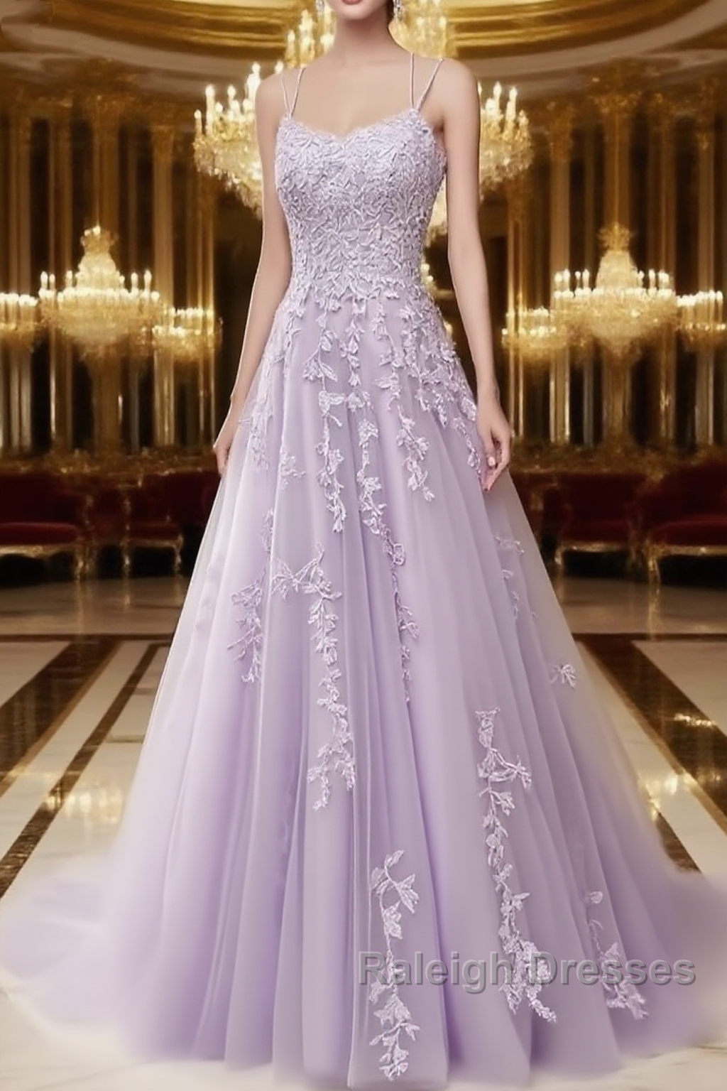 A Line Spaghetti Straps Lace Lilac Prom Dresses Long With Appliques Pretty Dresses Main image