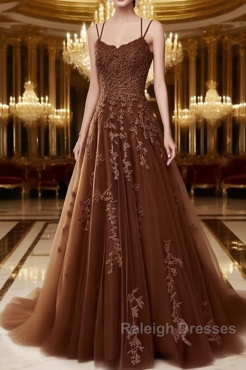 A Line Spaghetti Straps Lace Maroon Prom Dresses Long With Appliques Pretty Dresses Main image