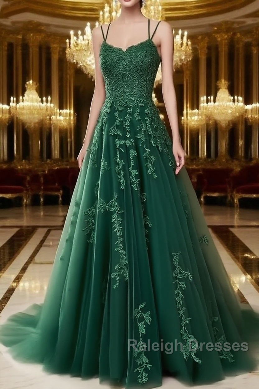 A Line Spaghetti Straps Lace Olive Green Prom Dresses Long With Appliques Pretty Dresses Main image