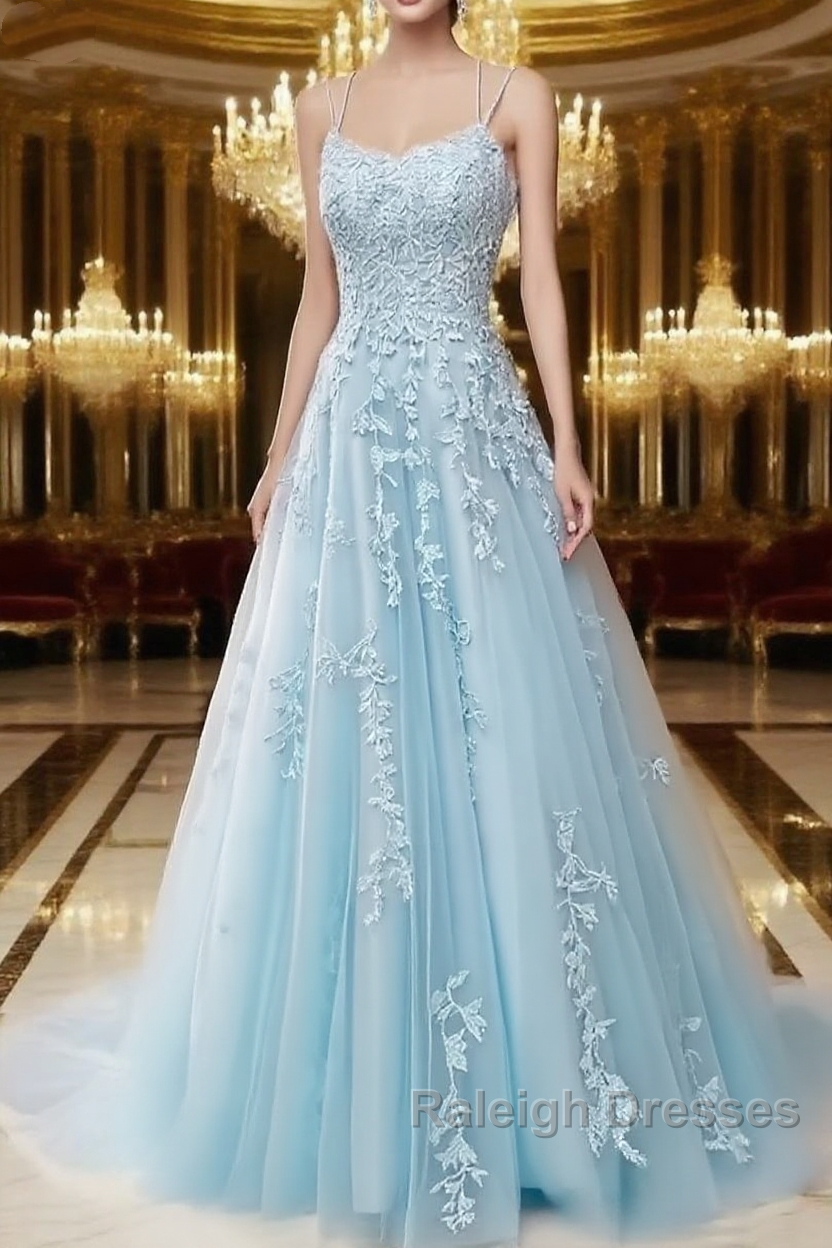 A-Line Spaghetti Straps Lace Powder Blue Prom Dress Long With Applique