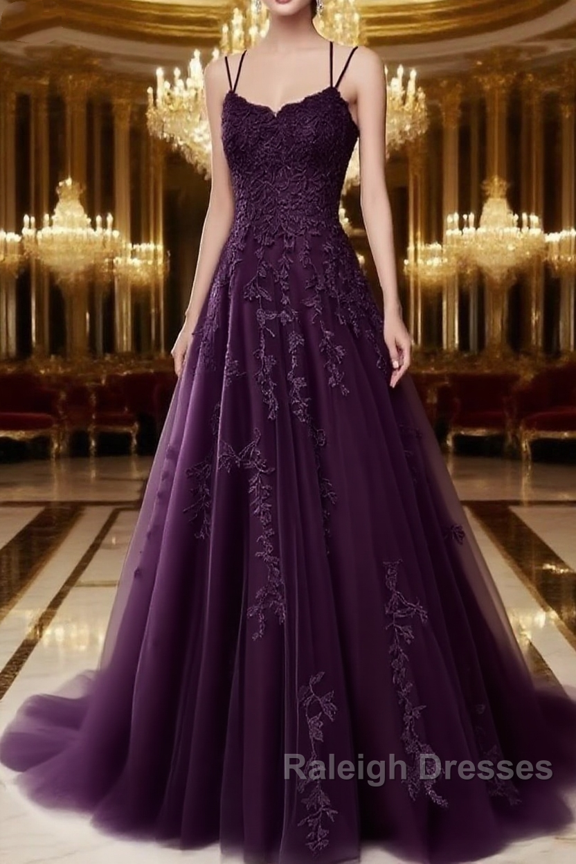 A Line Spaghetti Straps Lace Purple Prom Dresses Long With Appliques Pretty Dresses Main image