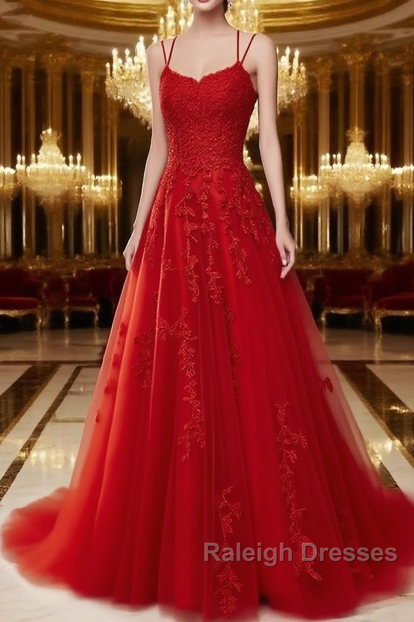 A Line Spaghetti Straps Lace Red Prom Dresses Long With Appliques Pretty Dresses