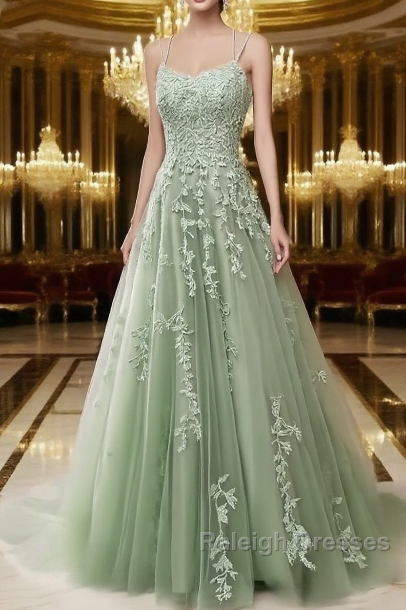 A-Line Spaghetti Straps Lace Sage Green Prom Dress Long With Appliques Pretty Dress