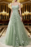 A-Line Spaghetti Straps Lace Sage Green Prom Dress Long With Appliques Pretty Dress