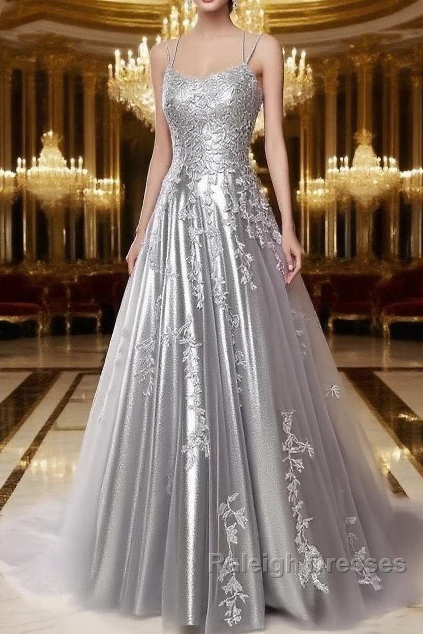 A Line Spaghetti Straps Lace Silver Prom Dresses Long With Appliques Pretty Dresses Main image
