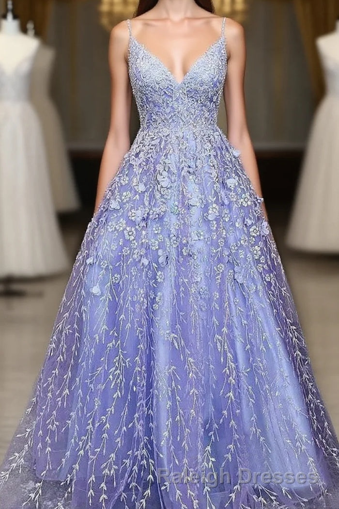 Lavender Spaghetti Straps Lace Floral A-line Formal Gowns Long Prom Dresses Main image