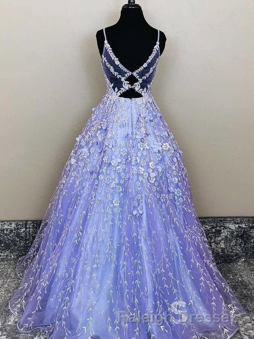 Lavender Spaghetti Straps Lace Floral A-line Formal Gowns Long Prom Dresses