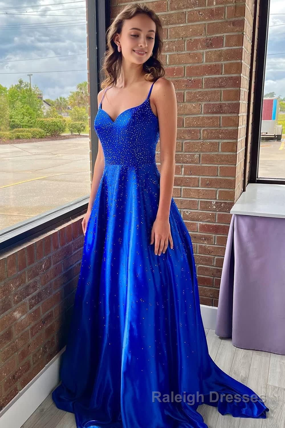 A Line Spaghetti Straps Royal Blue Long Prom Dress with Beading Main image