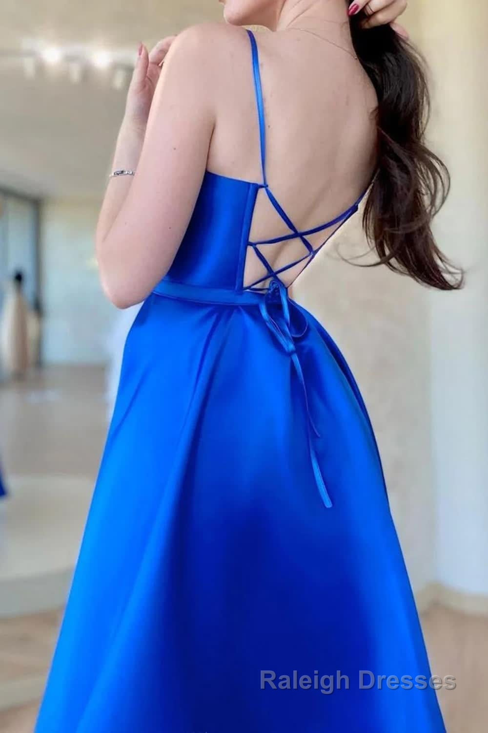 A Line Spaghetti Straps Royal Blue Long Prom Dress with Split Front Secondary image