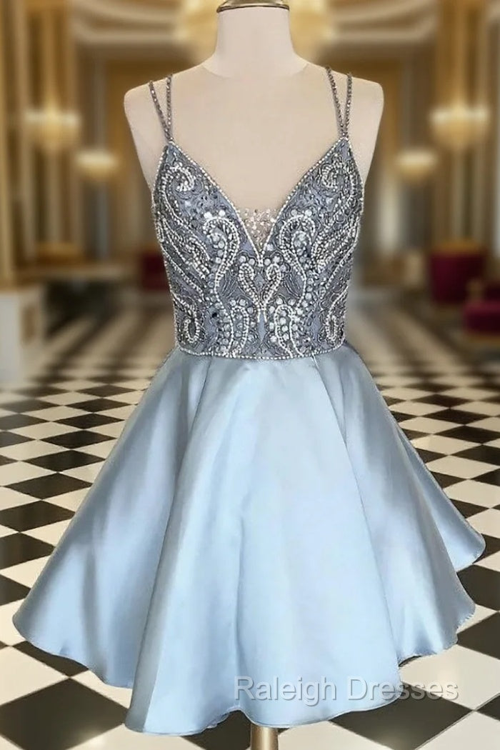 A Line Spaghetti Straps Satin Backless Homecoming Dresses With Pocket Main image