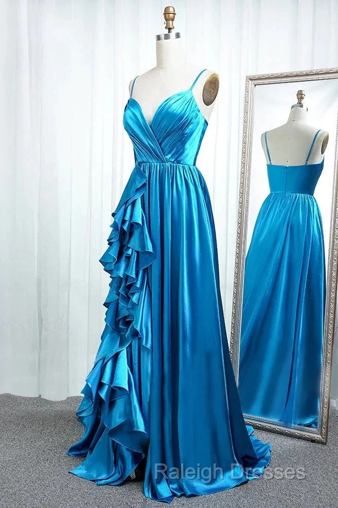 A Line Spaghetti Straps  Satin Prom Dresses With Slit And Flounced Secondary image