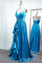 A Line Spaghetti Straps  Satin Prom Dresses With Slit And Flounced