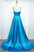 A Line Spaghetti Straps  Satin Prom Dresses With Slit And Flounced