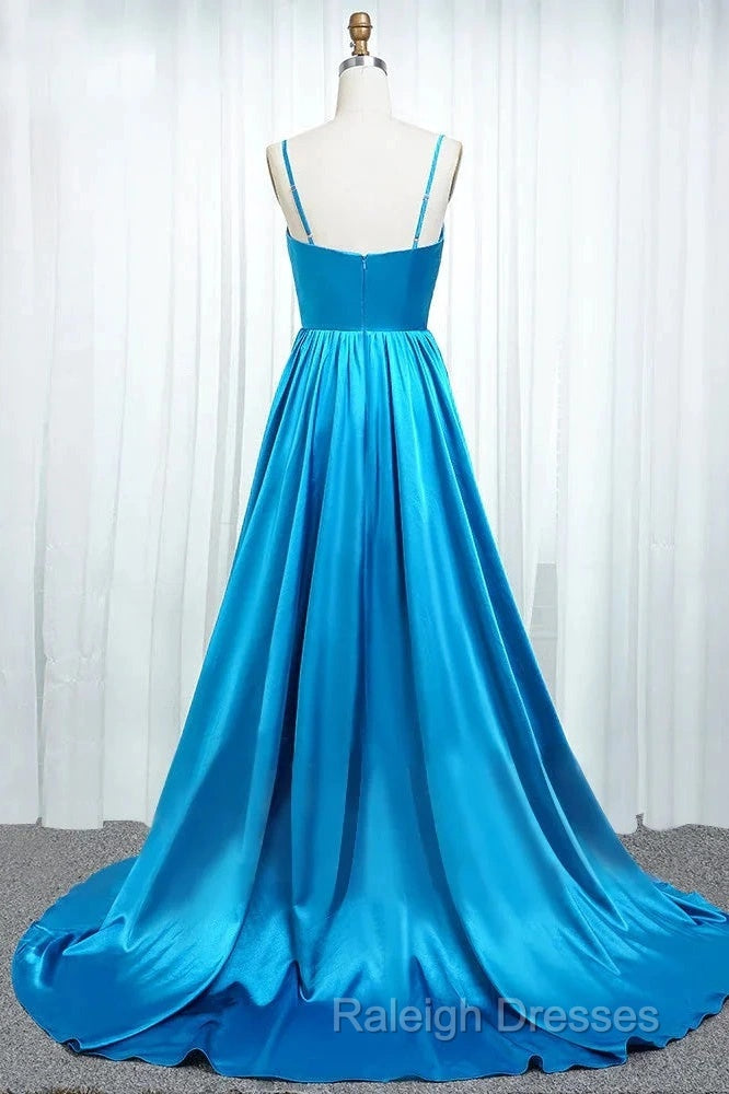 A Line Spaghetti Straps  Satin Prom Dresses With Slit And Flounced