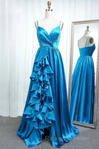 A Line Spaghetti Straps  Satin Prom Dresses With Slit And Flounced