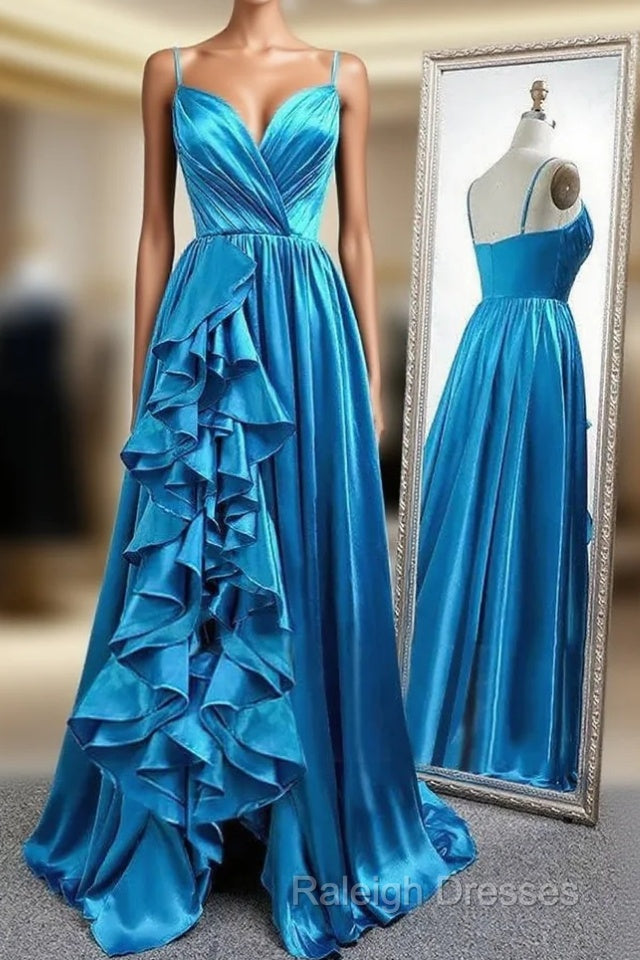 A Line Spaghetti Straps  Satin Prom Dresses With Slit And Flounced Main image