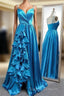 A Line Spaghetti Straps  Satin Prom Dresses With Slit And Flounced