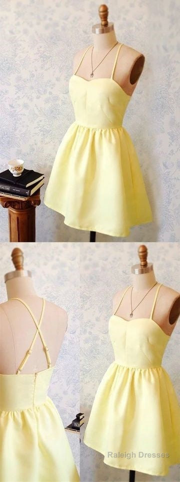 A-Line Spaghetti Straps Short Yellow Satin Homecoming Dresses