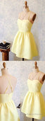 A-Line Spaghetti Straps Short Yellow Satin Homecoming Dresses