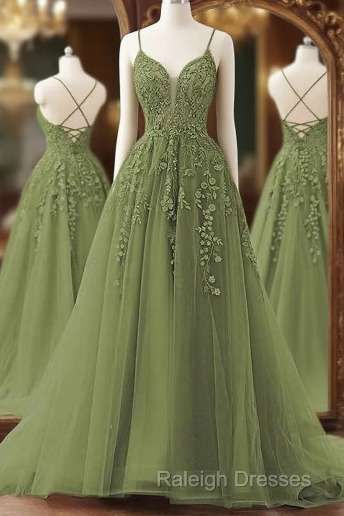 A-Line Spaghetti Straps Sweep Train Prom Dress, Sage Green Tulle  Formal Dress Main image