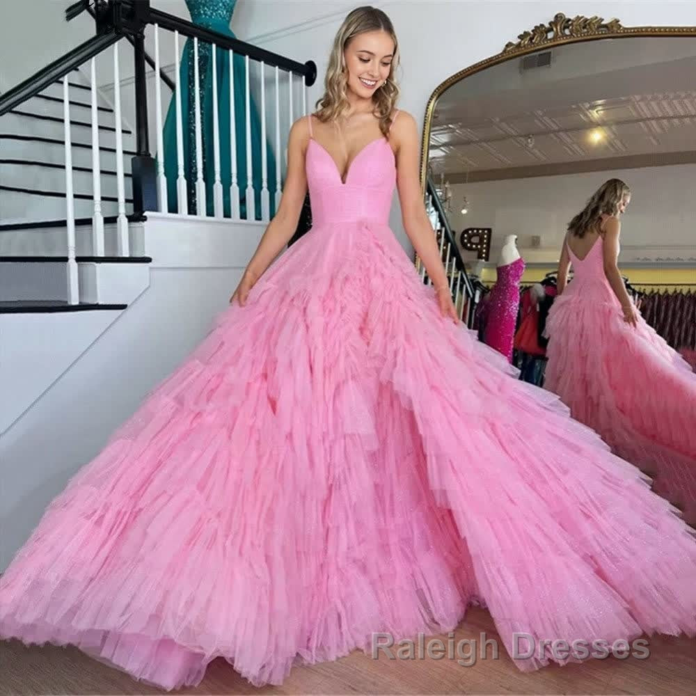 A Line Spaghetti Straps Tiered Tulle Prom Dress