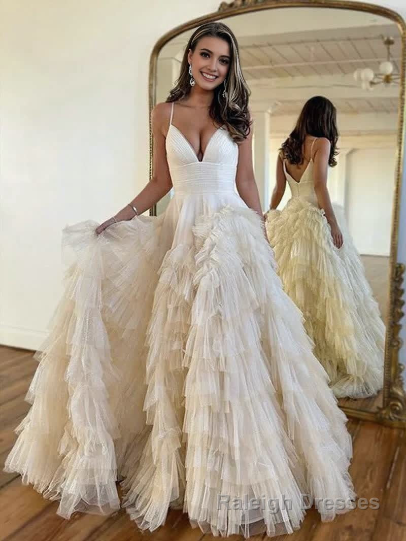 A Line Spaghetti Straps Tiered Tulle Prom Dress