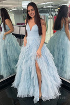 A Line Spaghetti Straps Tiered Tulle Prom Dress