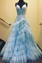 A Line Spaghetti Straps Tiered Tulle Prom Dress