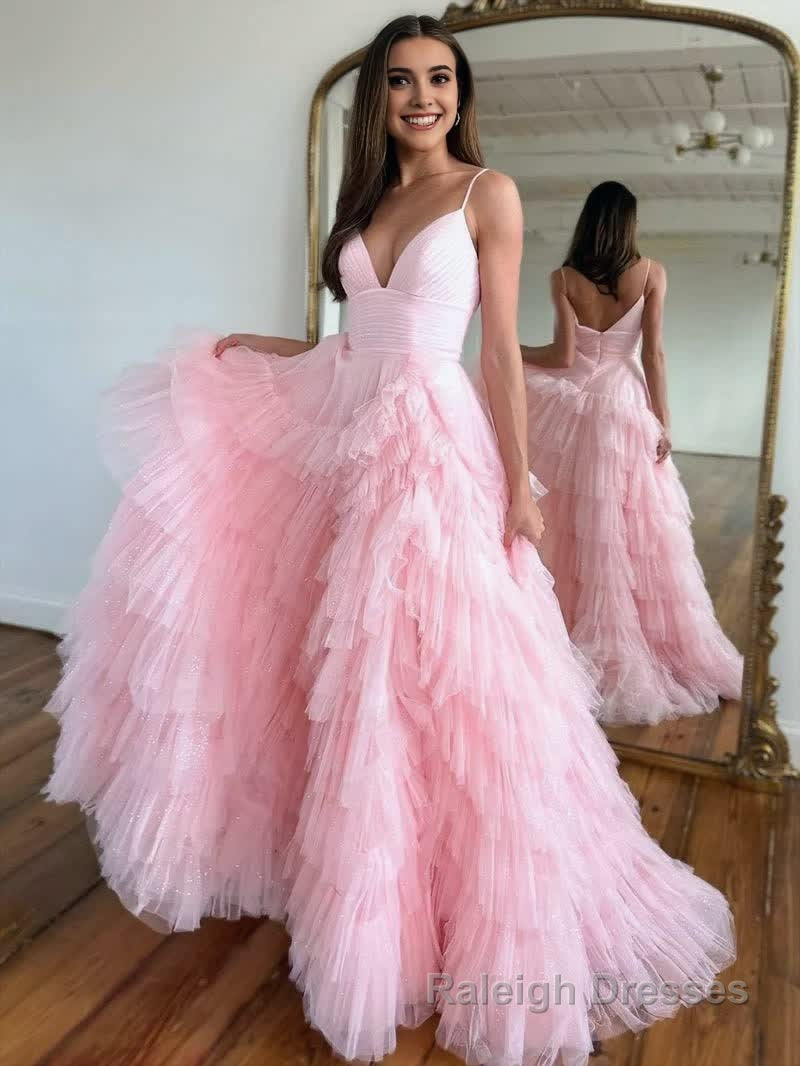 A Line Spaghetti Straps Tiered Tulle Prom Dress