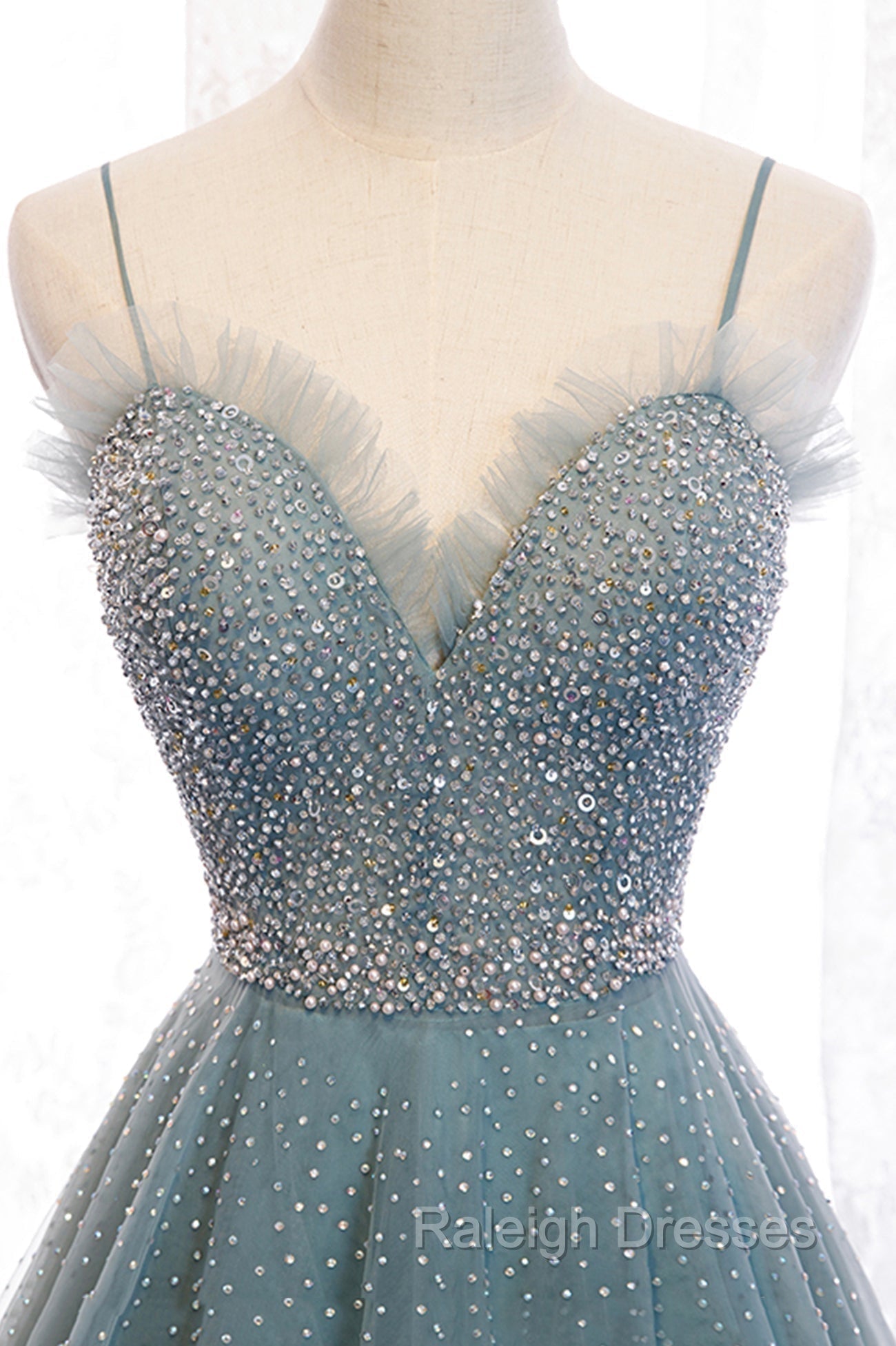 A Line Spaghetti Straps Tulle Beaded Long Prom Dress, Cute Prom Prom Dress Secondary image