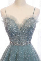 A Line Spaghetti Straps Tulle Beaded Long Prom Dress, Cute Prom Prom Dress