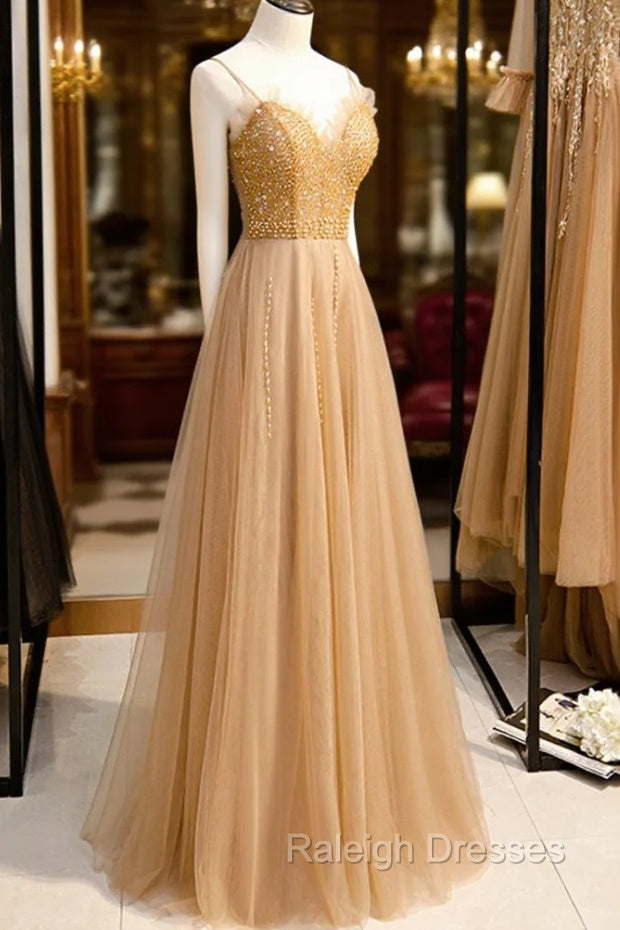 A-Line Spaghetti Straps Tulle Beaded Long Prom Dress, Evening Party Dress
