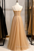 A Line Spaghetti Straps Tulle Beaded Long Prom Dress, Prom Prom Dress