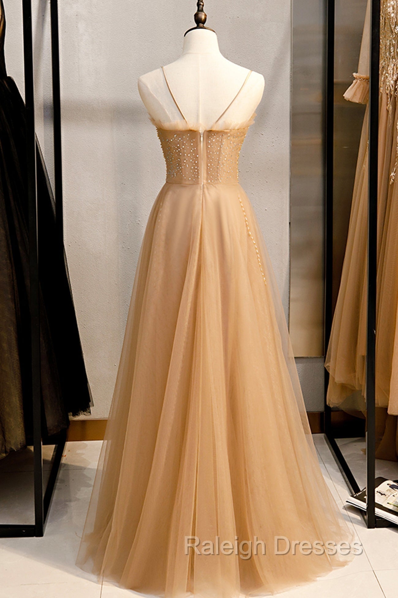 A Line Spaghetti Straps Tulle Beaded Long Prom Dress, Prom Prom Dress
