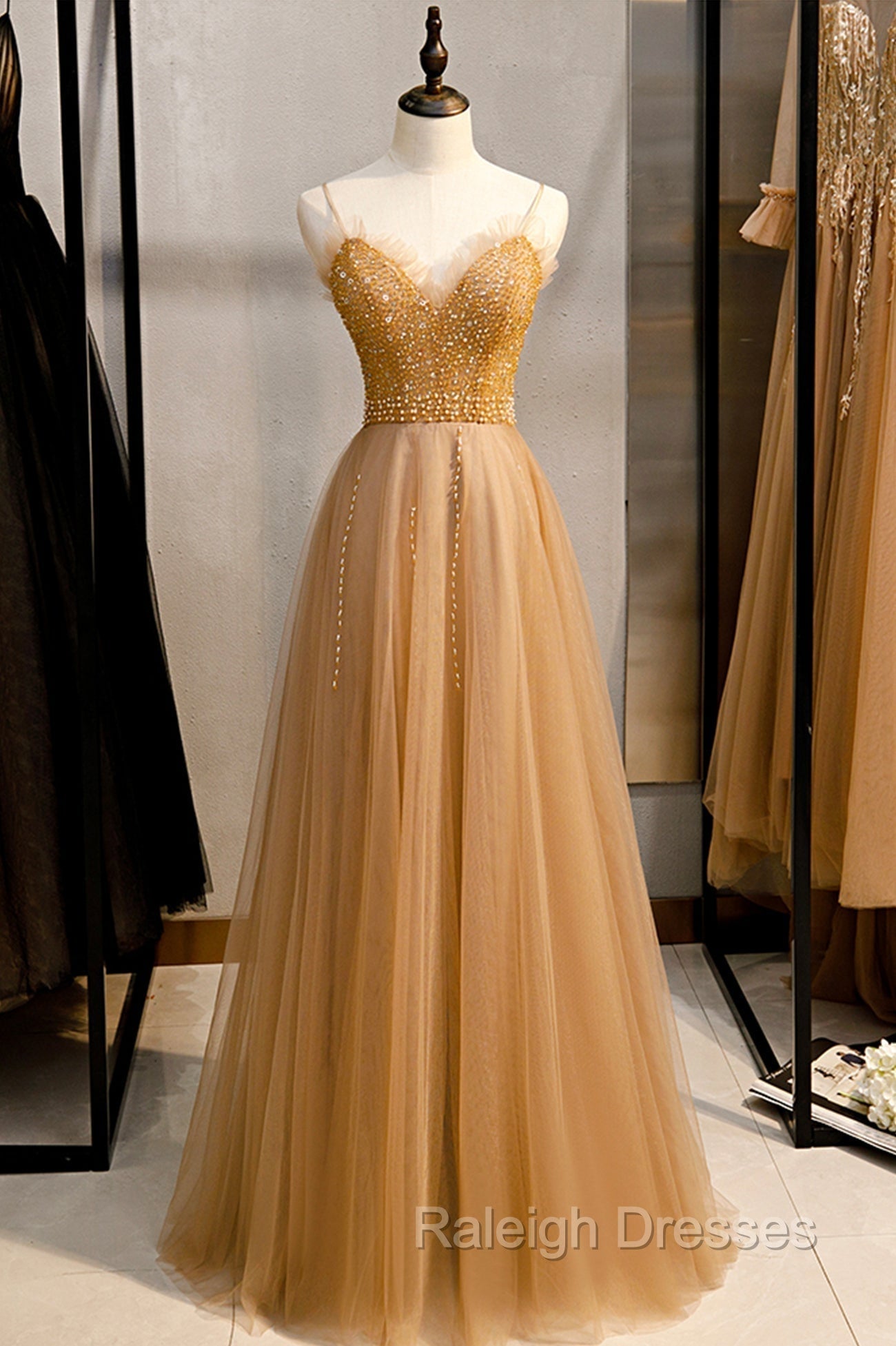 A-Line Spaghetti Straps Tulle Beaded Long Prom Dress, Evening Party Dress Main image