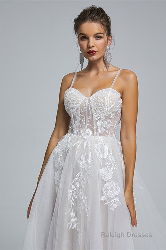 A-Line Spaghetti Straps Tulle Decal Long Wedding Dresses Main image