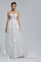 A-Line Spaghetti Straps Tulle Decal Long Wedding Dresses