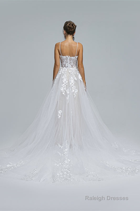 A-Line Spaghetti Straps Tulle Decal Long Wedding Dresses Secondary image