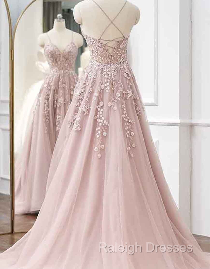 A Line Spaghetti Straps Tulle Prom Dress with Appliques Secondary image